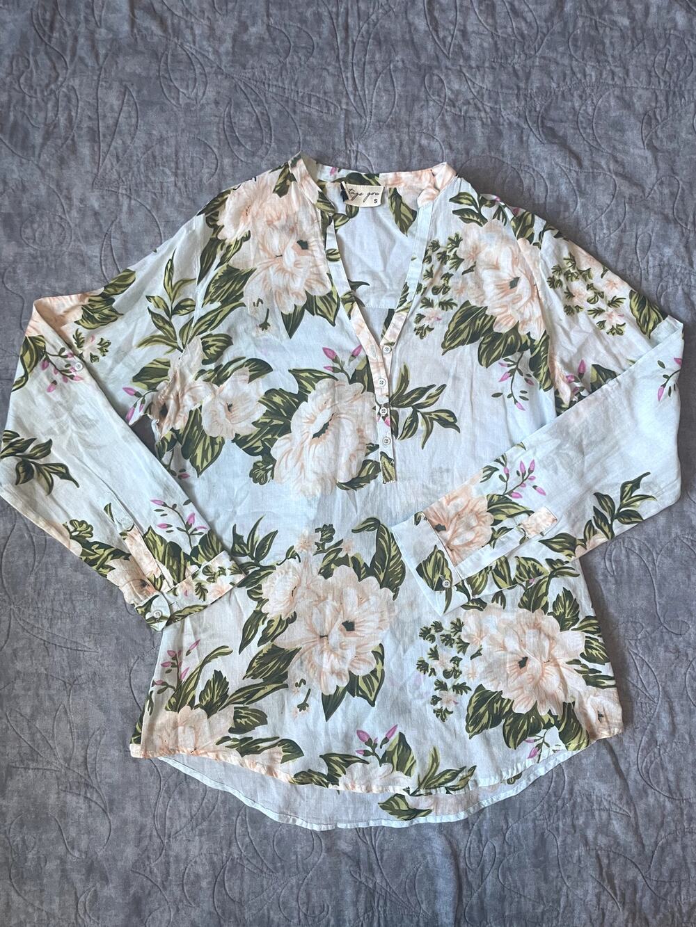 Anthropologie Vintage Goa 100% Cotton Floral Tunic Blouse Light Blue Small